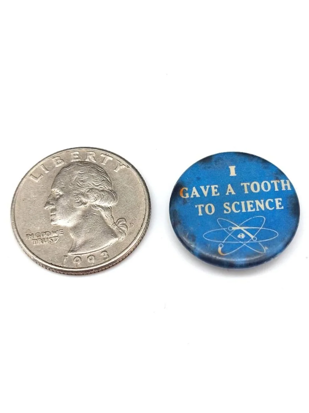 Vintage I Gave A Tooth To Science Pinback Button Atomic Era Cold War Nuclear Pin